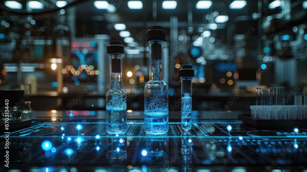 A laboratory scene where AI monitors and controls a series of biochemical reactions. The advanced system ensures precise conditions and accurate results, highlighting the critical role of artificial A laboratory scene where AI monitors and controls a series of biochemical reactions. The advanced system ensures precise conditions and accurate results, highlighting the critical role of artificial