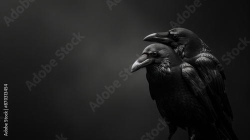 A pair of black ravens are captured in high detail against a dark, moody background in this striking monochrome photograph