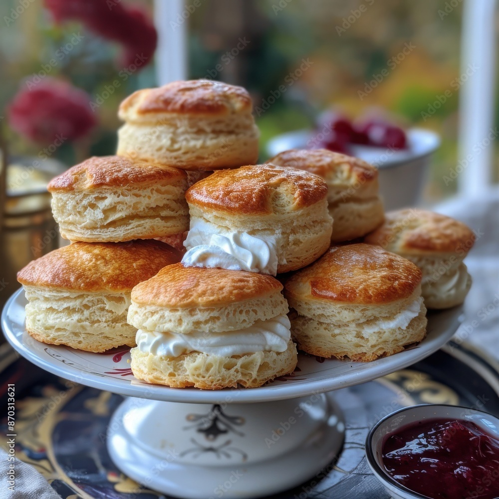 Freshly baked scones served with jam and whipped cream. Freshly baked scones served with jam and whipped cream.