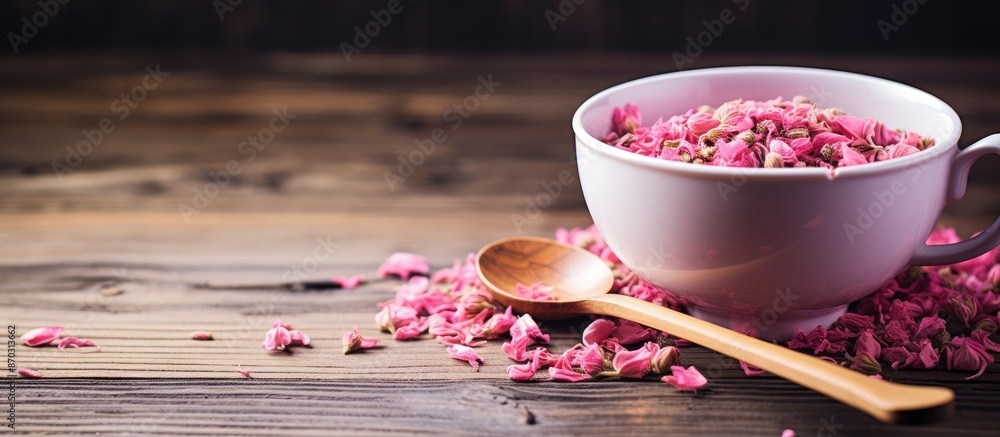 Tea cup with pink petals on wooden background, with spoon below, in creative layout with copy space image. Tea cup with pink petals on wooden background, with spoon below, in creative layout with copy space image.