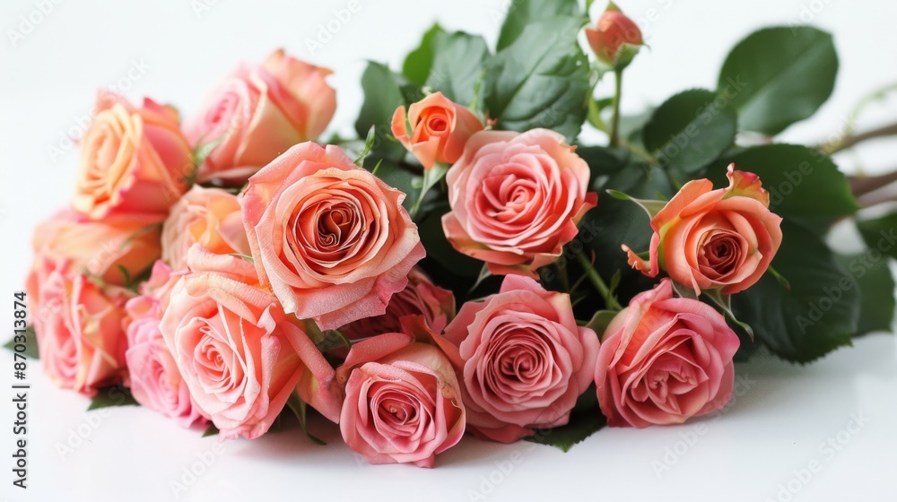 A delicate bouquet of pink roses with lush green leaves, presented in full bloom and bud forms against a clean white backdrop A delicate bouquet of pink roses with lush green leaves, presented in full bloom and bud forms against a clean white backdrop