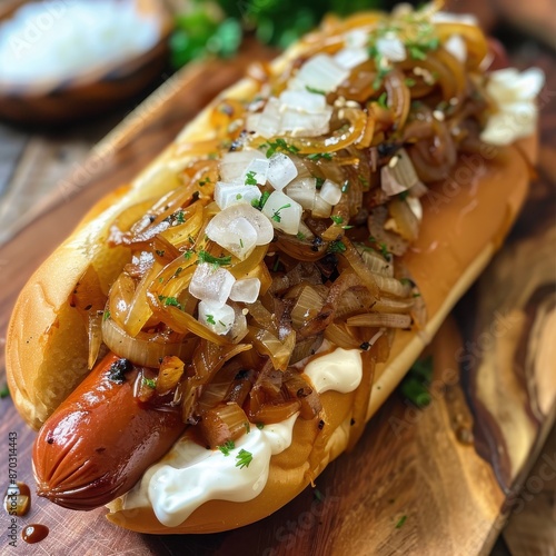 Gourmet hot dog topped with whipped cream cheese and onions.