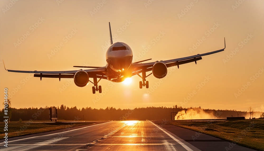 Airplane taking off or landing on airport. Plane or Aircraft hovering above Airport lane or Flight Path. Beautiful Rose or Golden Sunset or Sunrise. Imagery for Travelling, Holiday or Transport Airplane taking off or landing on airport. Plane or Aircraft hovering above Airport lane or Flight Path. Beautiful Rose or Golden Sunset or Sunrise. Imagery for Travelling, Holiday or Transport
