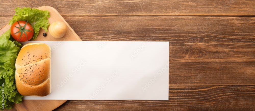 Top view of a wooden table background with a fresh homemade sandwich on a blank white paper, offering ample copy space image. Top view of a wooden table background with a fresh homemade sandwich on a blank white paper, offering ample copy space image.