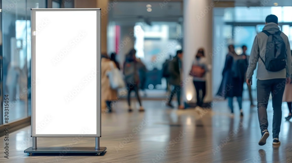 A vertical blank billboard for advertising stands in a shopping mall with people walking by, offering an opportunity for marketing and branding A vertical blank billboard for advertising stands in a shopping mall with people walking by, offering an opportunity for marketing and branding