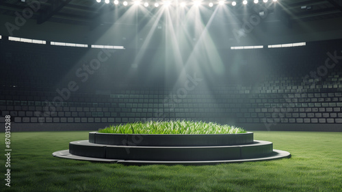 podium in the center of a stadium, surrounded by rows of empty seats and light flashes. The podium is simple and perfect to show your product, the playground of grass inside the soccer football  photo