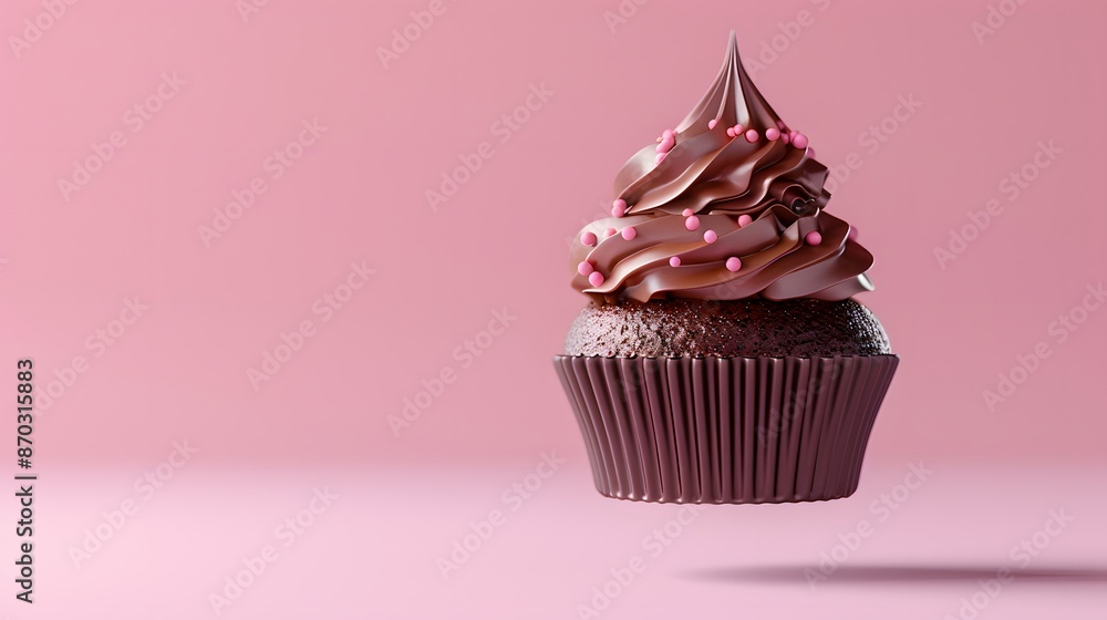 Delicious chocolate cupcake with smooth frosting and sprinkles floating against a pastel pink background. Perfect for dessert themes. Delicious chocolate cupcake with smooth frosting and sprinkles floating against a pastel pink background. Perfect for dessert themes.