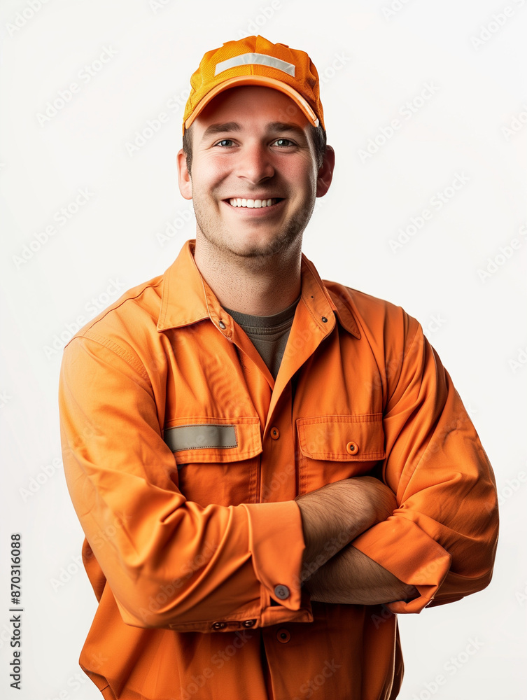 portrait of a male construction worker outfit smiling, isolated on white background portrait of a male construction worker outfit smiling, isolated on white background