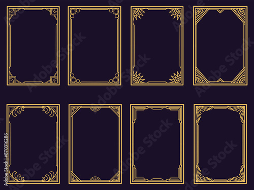 Golden art deco frame ornaments. Set of luxury golden decorative elements with different lines, frames. Suitable for card, certificate, invitation, poster.