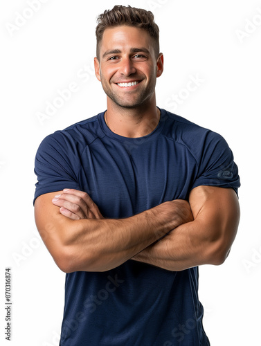 a male fitness trainer smiling, isolated on white background © pattozher
