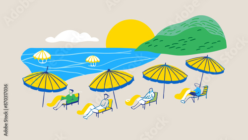 Serene Beach Day with Sunbathers and Yellow Umbrellas