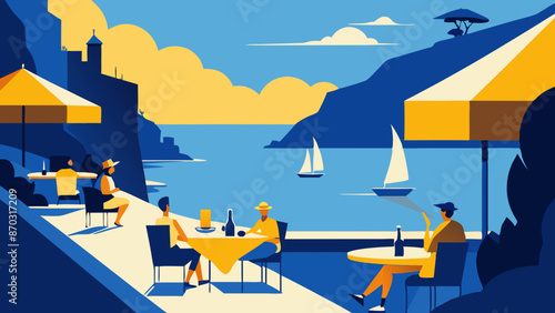 Serenity by the Sea: Coastal Cafe Scene with Sailboats and Sunset