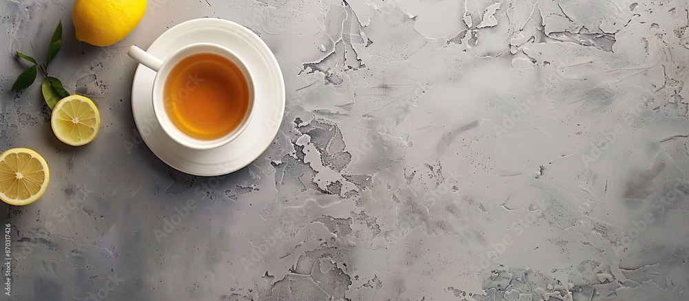 Top view of a tea cup and pot with lemon on a gray background, offering a copy space image. Top view of a tea cup and pot with lemon on a gray background, offering a copy space image.