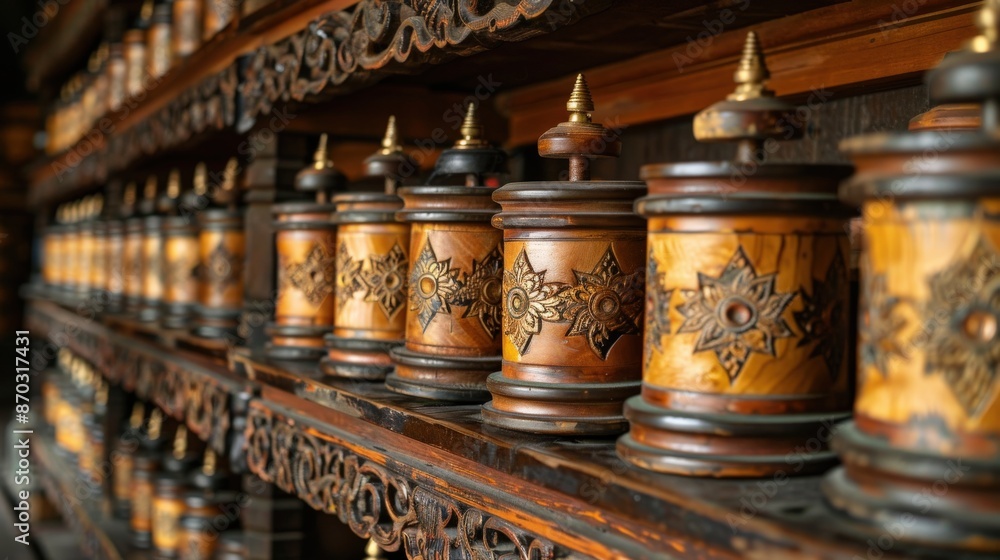 Rows of prayer wheels with a luminous, clean background, perfect for minimalistic and elegant advertising photos Rows of prayer wheels with a luminous, clean background, perfect for minimalistic and elegant advertising photos