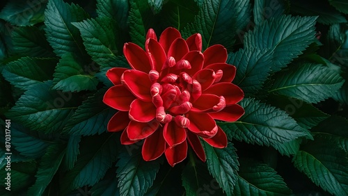 Red flowers over green leaves background