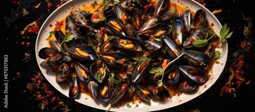 Plate of seafood mussels in...