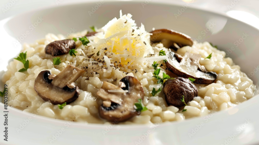 Creamy mushroom risotto garnished with parsley and parmesan cheese in a white bowl Creamy mushroom risotto garnished with parsley and parmesan cheese in a white bowl