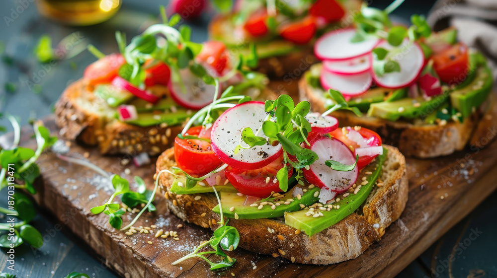 Fresh avocado toast with sliced radishes, cherry tomatoes, microgreens, and sesame seeds on multigrain bread Fresh avocado toast with sliced radishes, cherry tomatoes, microgreens, and sesame seeds on multigrain bread