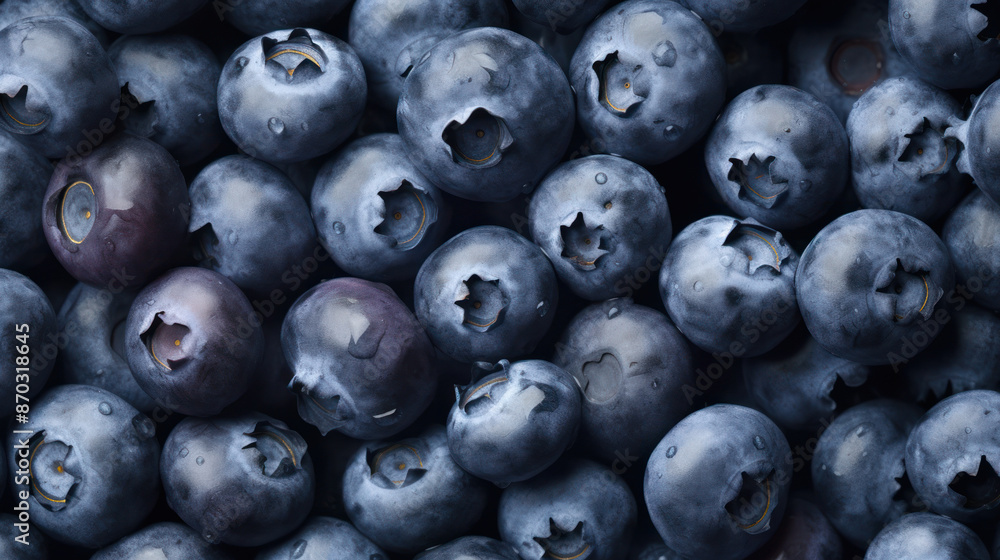 A close-up top view image showing a pile of fresh, ripe blueberries A close-up top view image showing a pile of fresh, ripe blueberries