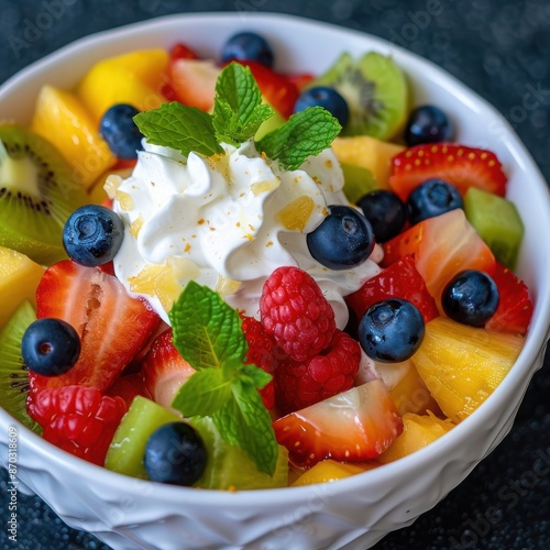 Tasty fruit salad with whipped cream and mint leaves.