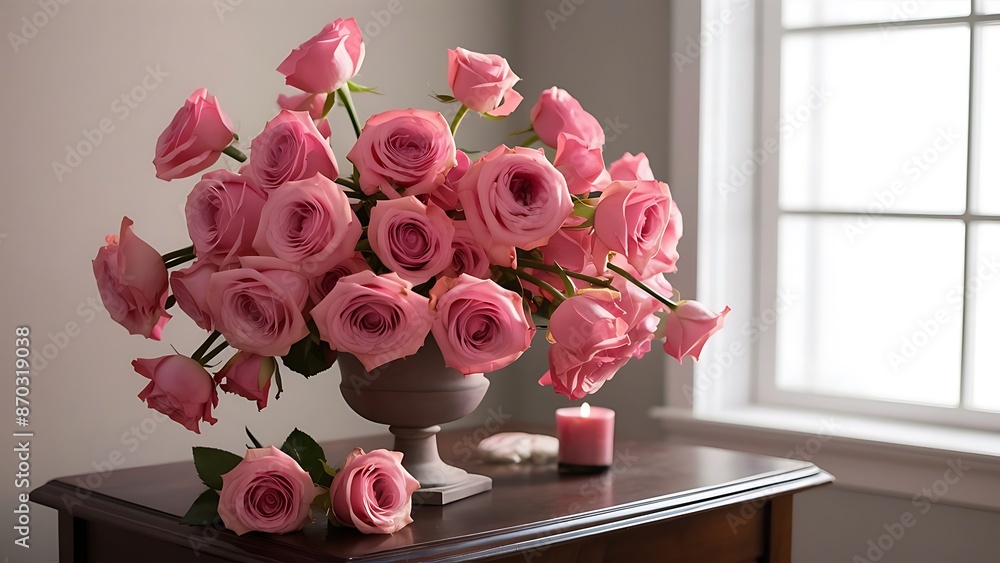 Bouquet of pink roses in a vase on the table Bouquet of pink roses in a vase on the table