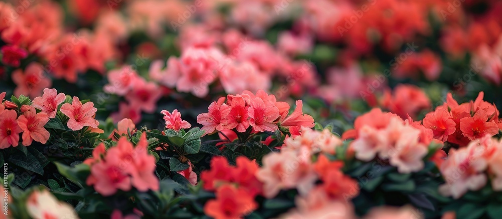 A photo featuring numerous flower bushes in red and pink blooms with a heavily blurred background, providing ample copy space image. A photo featuring numerous flower bushes in red and pink blooms with a heavily blurred background, providing ample copy space image.