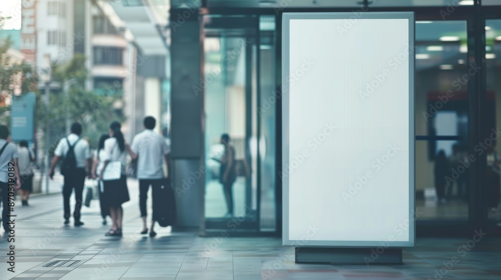 A vivid image showing an empty billboard on a busy city sidewalk, ready for advertising amidst a crowd of pedestrians A vivid image showing an empty billboard on a busy city sidewalk, ready for advertising amidst a crowd of pedestrians