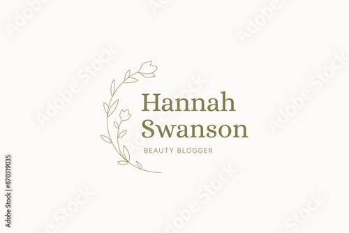 Beautiful floral outline logo monogram for organic cosmetics design template vector illustration