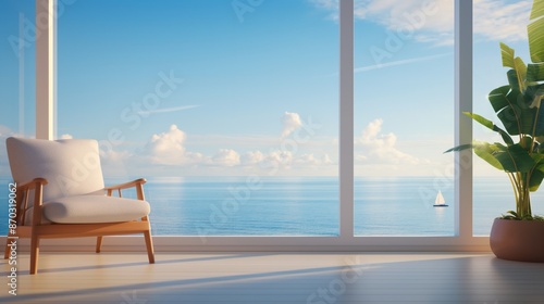 White chair facing ocean view with sailboat in distance.