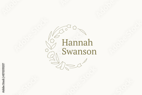 Flower wreath circle botanical outline logo design template vector illustration