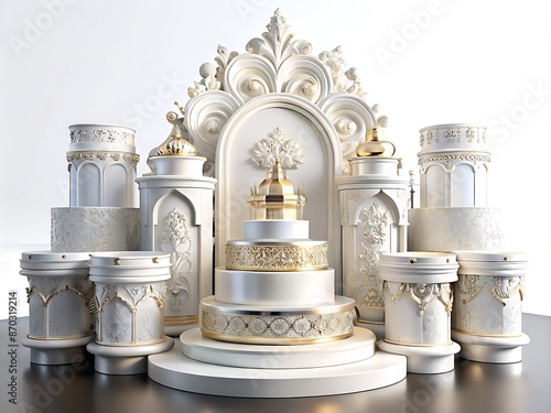 Exquisite, ornate white packaging tins in assorted sizes are beautifully arranged on a luxurious display stand against a pristine white background, exuding opulence and sophistication. photo