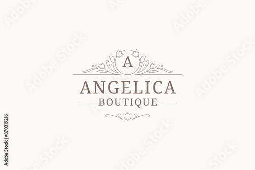 Flourish luxury floral outline logo design template for boutique vector illustration