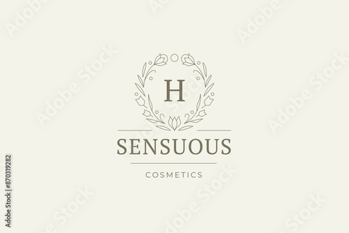 Botanical flower circle wreath with letter line logo design template vector illustration