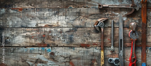 Various tools arranged on a wooden backdrop with copy space image available. © vxnaghiyev