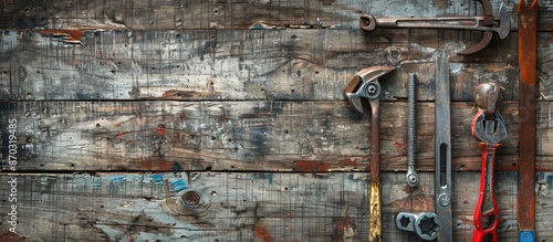 Various tools arranged on a wooden backdrop with copy space image available. photo