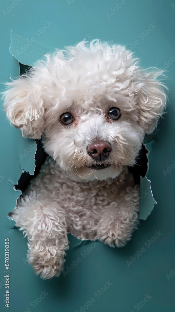 Adorable white toy poodle dog sticking his head out of a torn blue paper hole Adorable white toy poodle dog sticking his head out of a torn blue paper hole