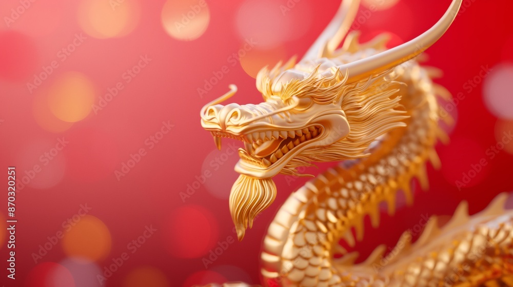 3D illustration of a golden dragon statue against red background with bokeh lights. 3D illustration of a golden dragon statue against red background with bokeh lights.