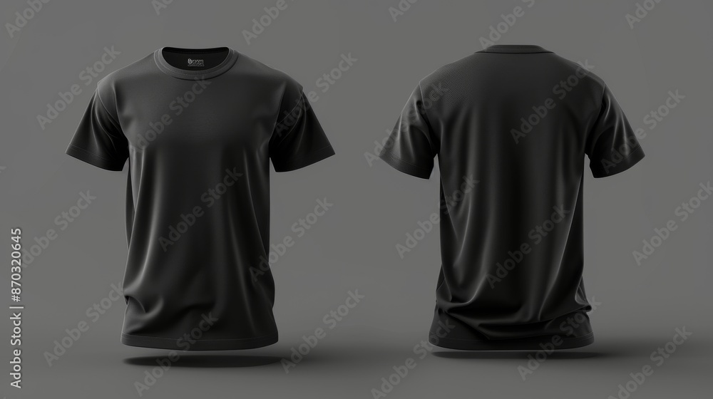 Professional black t-shirt mockup showing the front and back view on a neutral grey background, perfect for showcasing design placements Professional black t-shirt mockup showing the front and back view on a neutral grey background, perfect for showcasing design placements