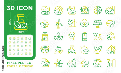 Ecology two color line icons set. Sustainable lifestyle bicolor outline iconset isolated. Energy solutions. Renewable resources. Nature conservation. Duotone pictograms thin linear. Editable stroke
