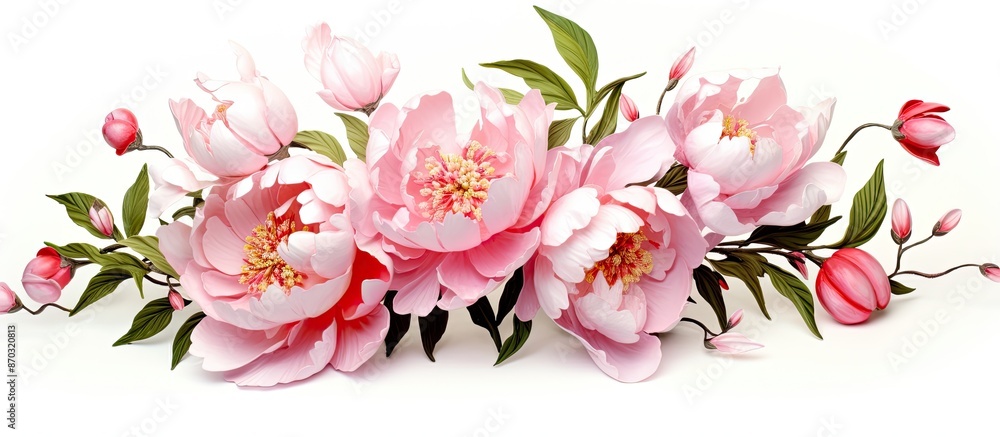 A pale pink peony and ripe cherry berries on a white background, suitable for greeting cards, invitations, or feminine occasions like birthdays, Mother's Day, Valentine's Day, weddings, with room for A pale pink peony and ripe cherry berries on a white background, suitable for greeting cards, invitations, or feminine occasions like birthdays, Mother's Day, Valentine's Day, weddings, with room for