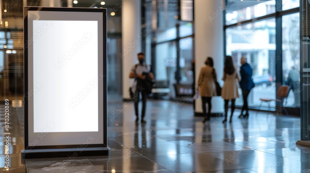 A mock-up of a blank, white advertising billboard positioned prominently in a contemporary, well-lit corporate lobby with blurred people walking A mock-up of a blank, white advertising billboard positioned prominently in a contemporary, well-lit corporate lobby with blurred people walking