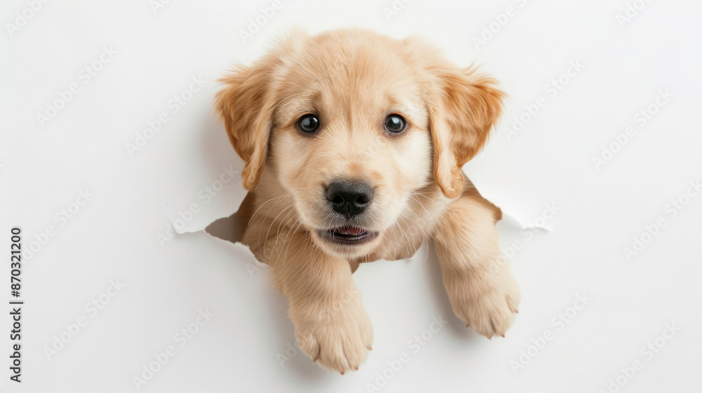 Adorable Golden Retriever dog puppy sticking its head out of hole in white paper isolated on plain white background Adorable Golden Retriever dog puppy sticking its head out of hole in white paper isolated on plain white background