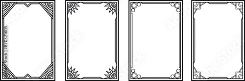 Set of black linear art deco ornaments. Arabic antique decorative border, retro geometric ornamental frame and ornate corners. Vintage label, old victorian decoration Isolated vector