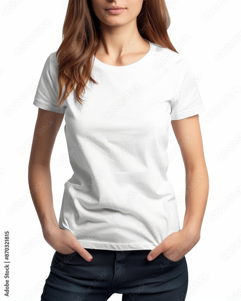 A close-up of a young woman dressed in a plain white t-shirt paired with dark trousers, with a neutral background A close-up of a young woman dressed in a plain white t-shirt paired with dark trousers, with a neutral background