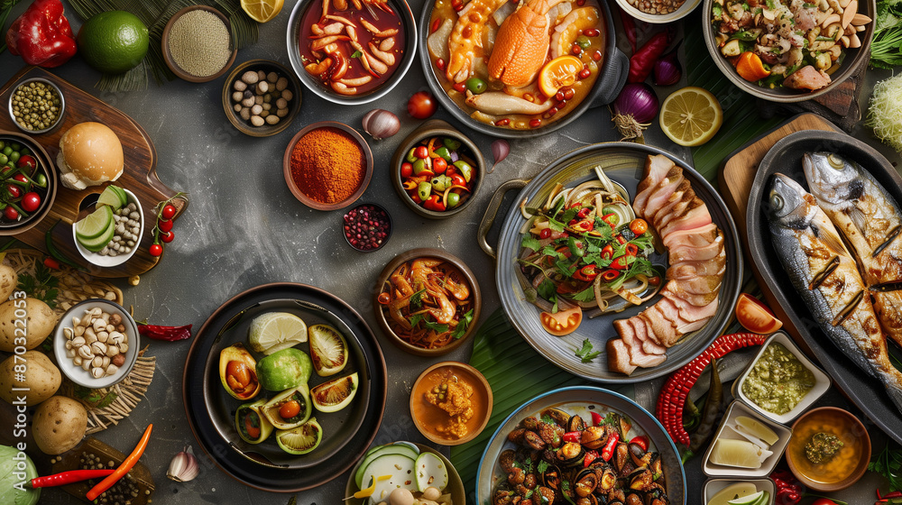 Feast of Flavors. This vibrant image showcases a delectable array of dishes from various cuisines, beautifully arranged to create a feast for the eyes. Feast of Flavors. This vibrant image showcases a delectable array of dishes from various cuisines, beautifully arranged to create a feast for the eyes.