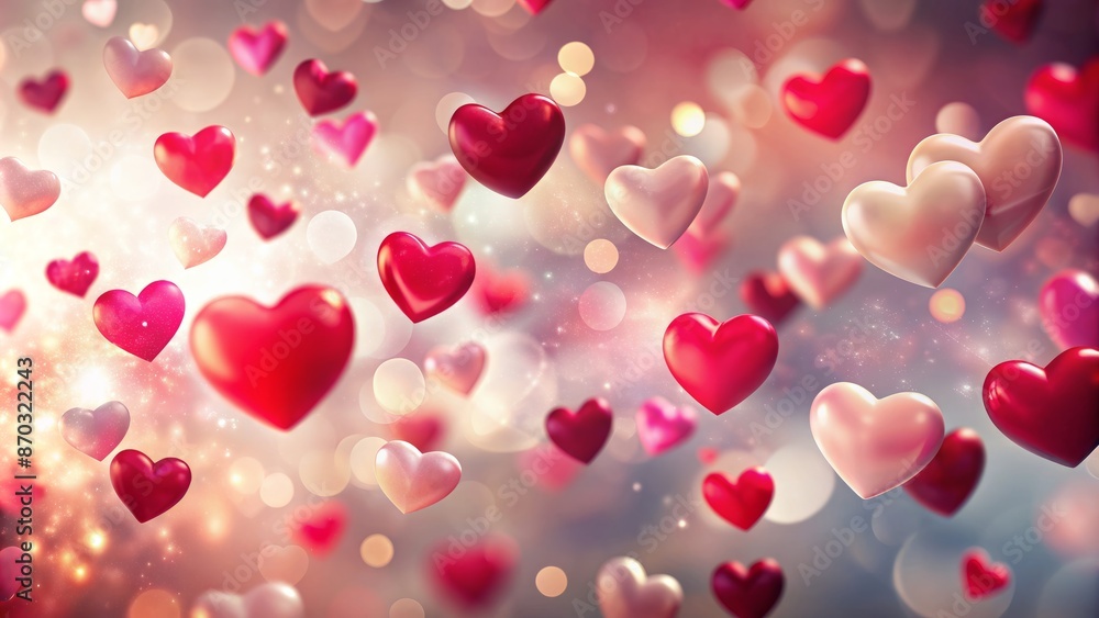 Red And Pink Hearts Of Various Sizes Float Against A Soft, Out Of Focus Background In Shades Of Pink. Red And Pink Hearts Of Various Sizes Float Against A Soft, Out Of Focus Background In Shades Of Pink.