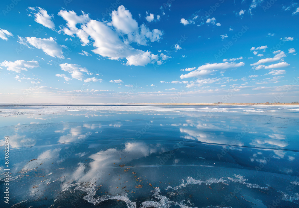 A breathtaking view of a frozen lake with a clear blue sky and white clouds reflected in the ice A breathtaking view of a frozen lake with a clear blue sky and white clouds reflected in the ice
