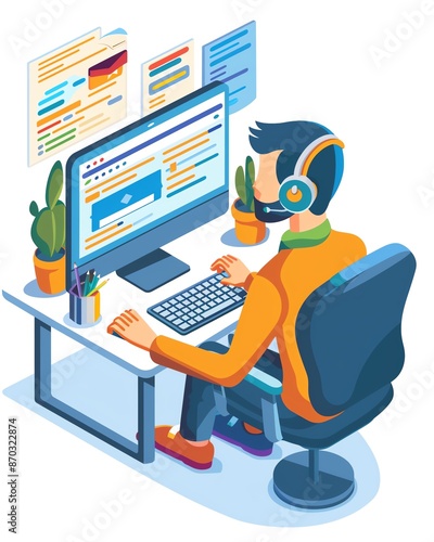 Illustration of a man working on a computer with multiple monitors, wearing a headset, office setting, plants on desk, productivity.