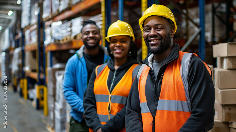 Obraz premium group of warehouse employees smiling