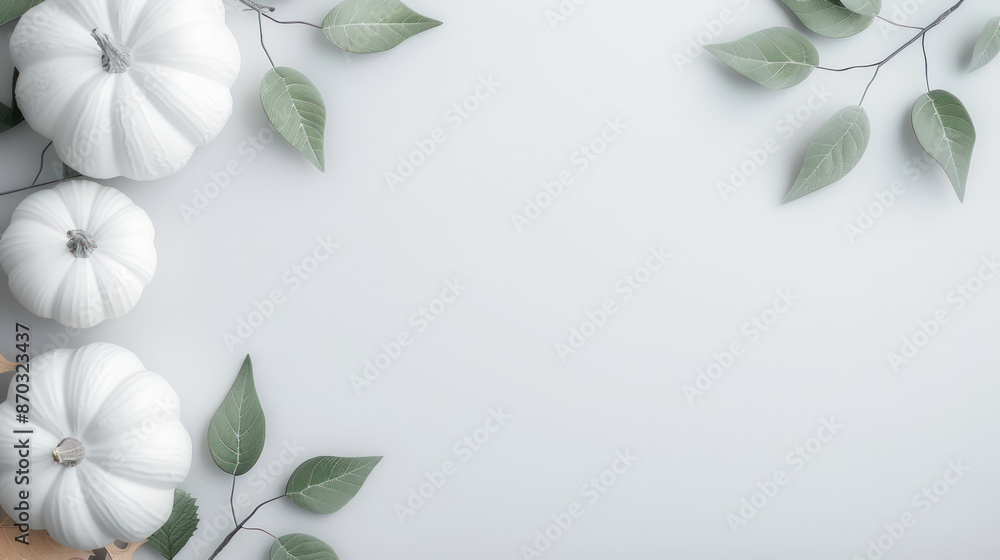 White pumpkins and green leaves arranged on a white background with copy space White pumpkins and green leaves arranged on a white background with copy space